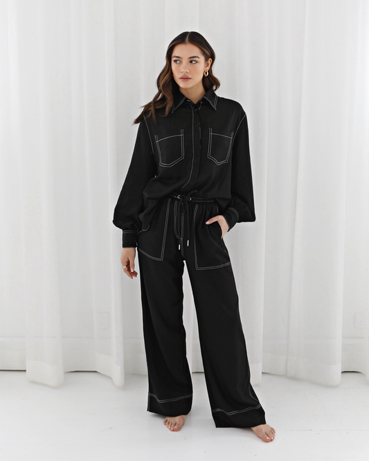 Eli Topstiching Wide Leg Pant - Black