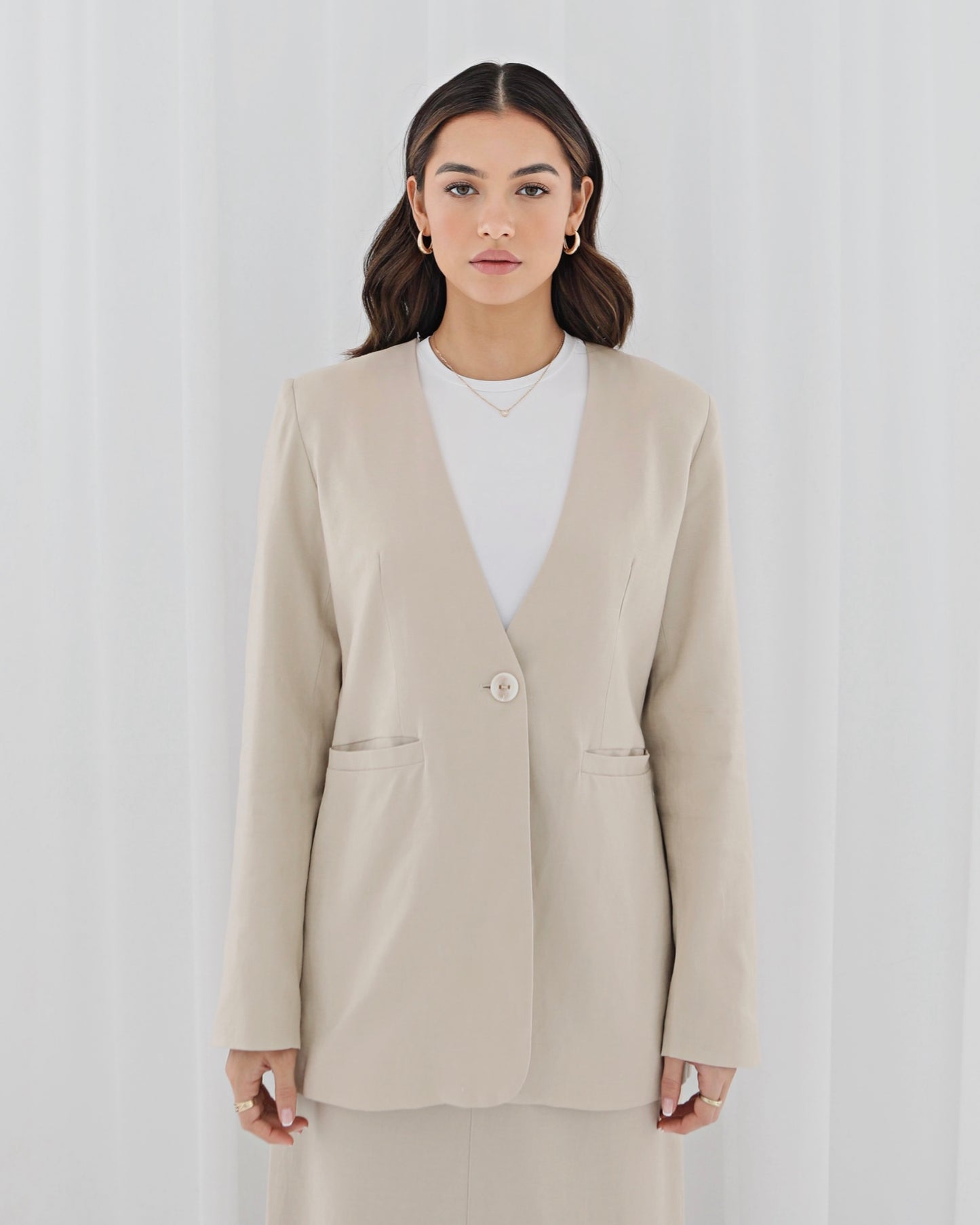 Evelyn Collarless Relaxed Blazer - Beige