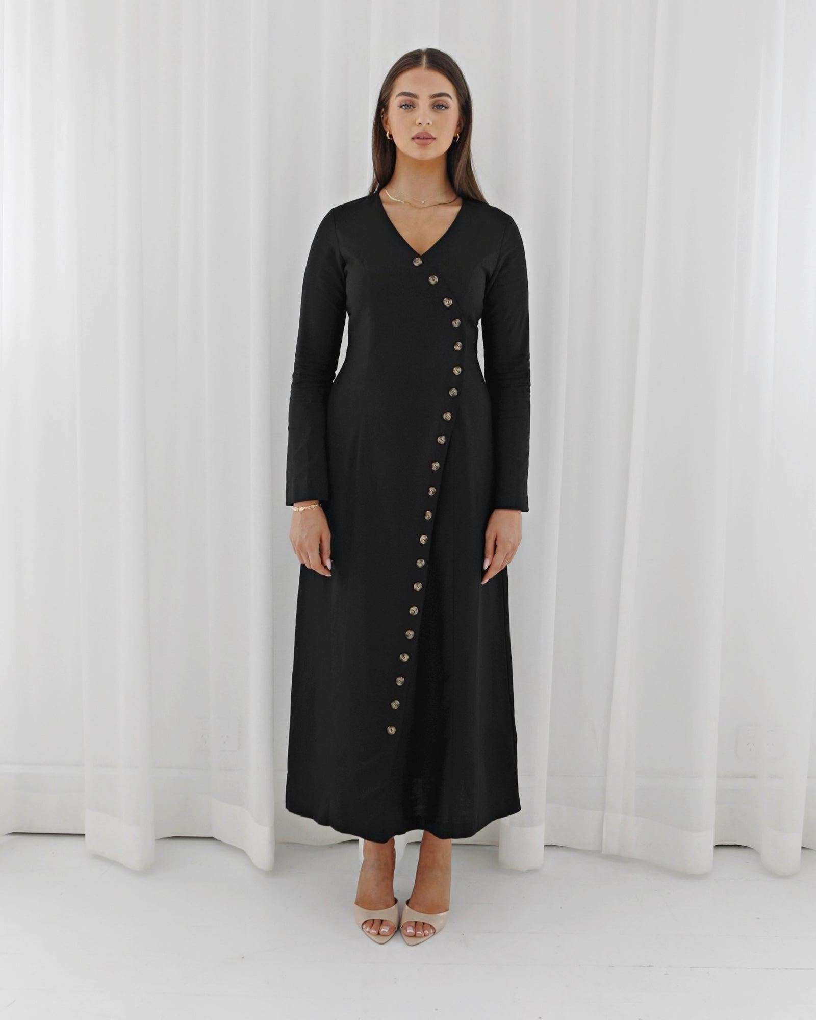 button down maxi dress with sleeves Women's Long Sleeve Linen Midi 116cm/45.67 Length Long Sleeve Button Knit Maxi